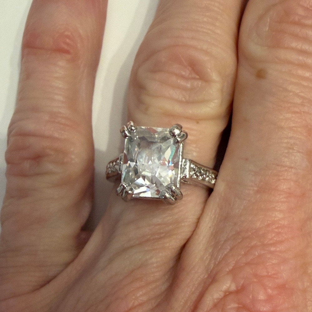Classic Silver-Tone Clear Stone Statement Ring